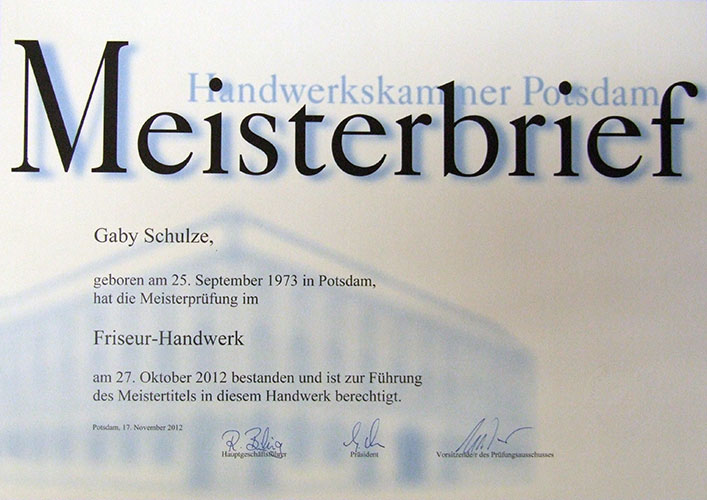 Meisterbrief Handwerkskammer Potsdam – Gaby Schulze